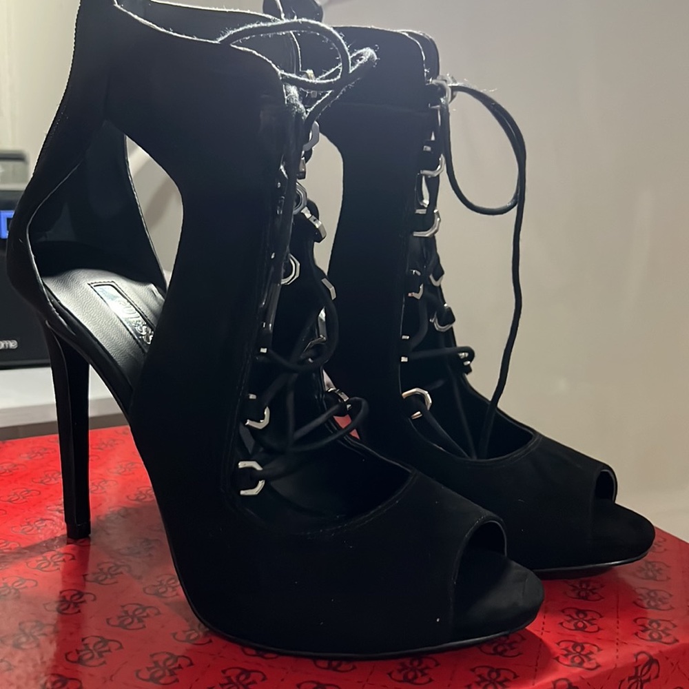 GUESS Black Suede Stiletto Open Toe Laced Heel